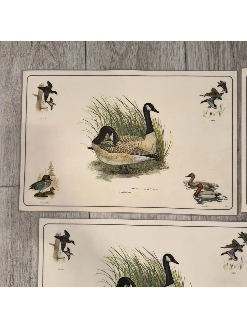 4 Vintage Mel Hunter Canada Geese Wildlife Placemats Duck Hunting Cabin 11x17